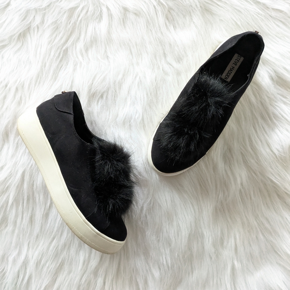 Steve Madden Black Slip-On pom pom platform Sneakers size 9